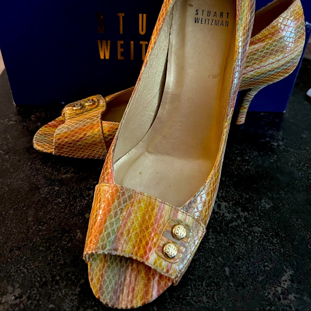 Stuart weitzman peep toe heels snake skin